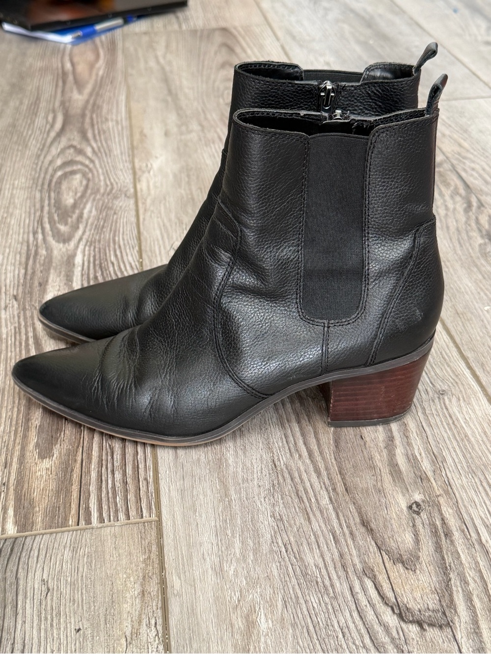 Franco Sarto Women's Black Leather Ankle Boots - Pointed Toe, Block Heel 9.5